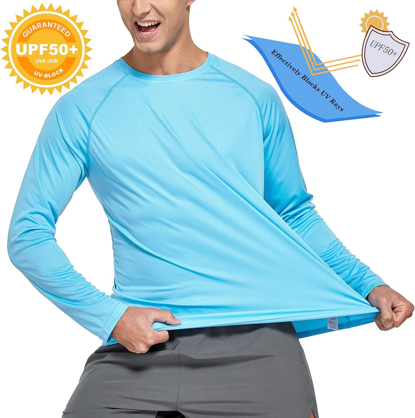Men'S UPF 50+ Long Sleeve Shirts Sun Protection SPF/UV Fishing Hiking Running T-Shirts Quick Dry Rashguards Swim Shirts