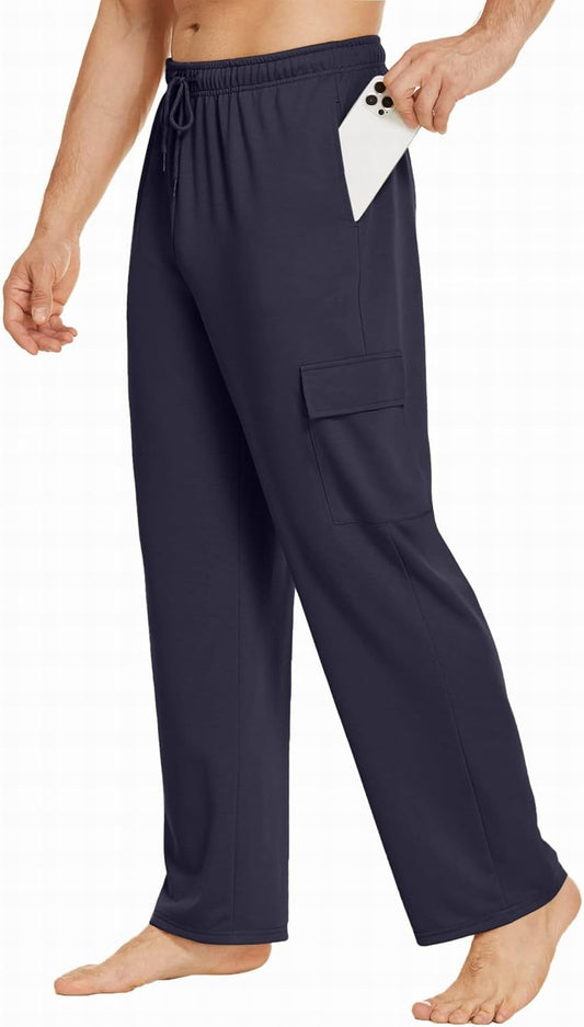 Men'S Cargo Sweatpants Open Bottom Baggy Sweat Pants for Mens Straight Leg Gym Cargo Sweats Lounge Pants with Pockets